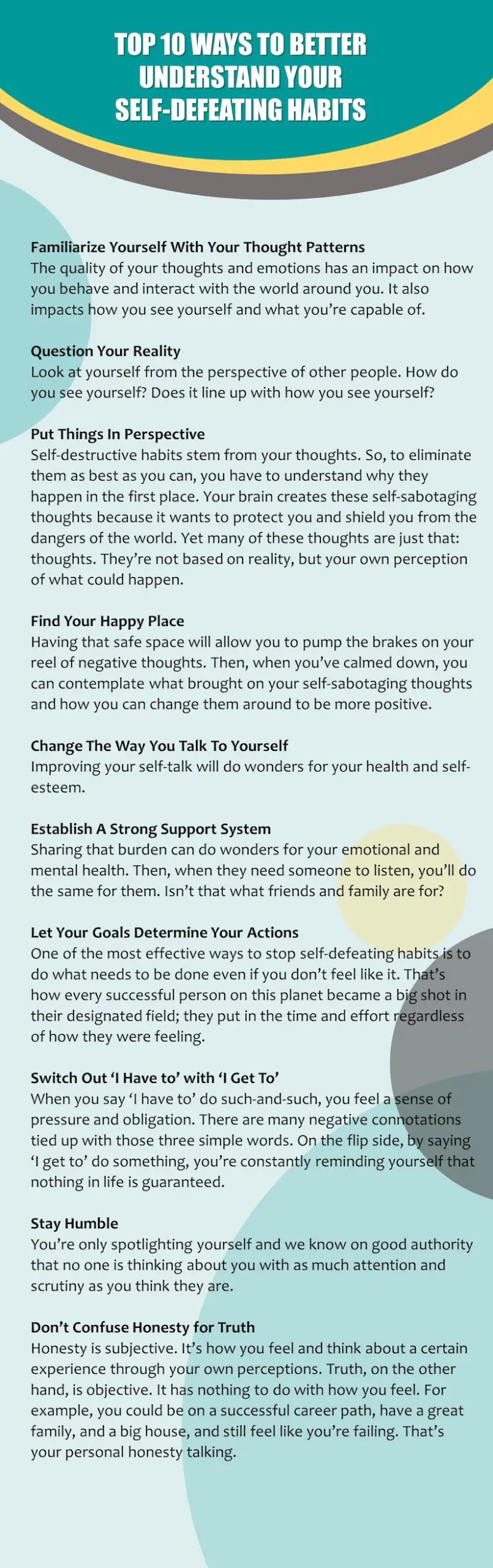 10 Ways to better understand your self defeating habits.